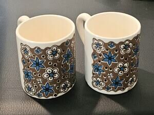 Vintage MCM West Germany Brown & Turquoise Floral Coffee Mugs Set of 2 Retro